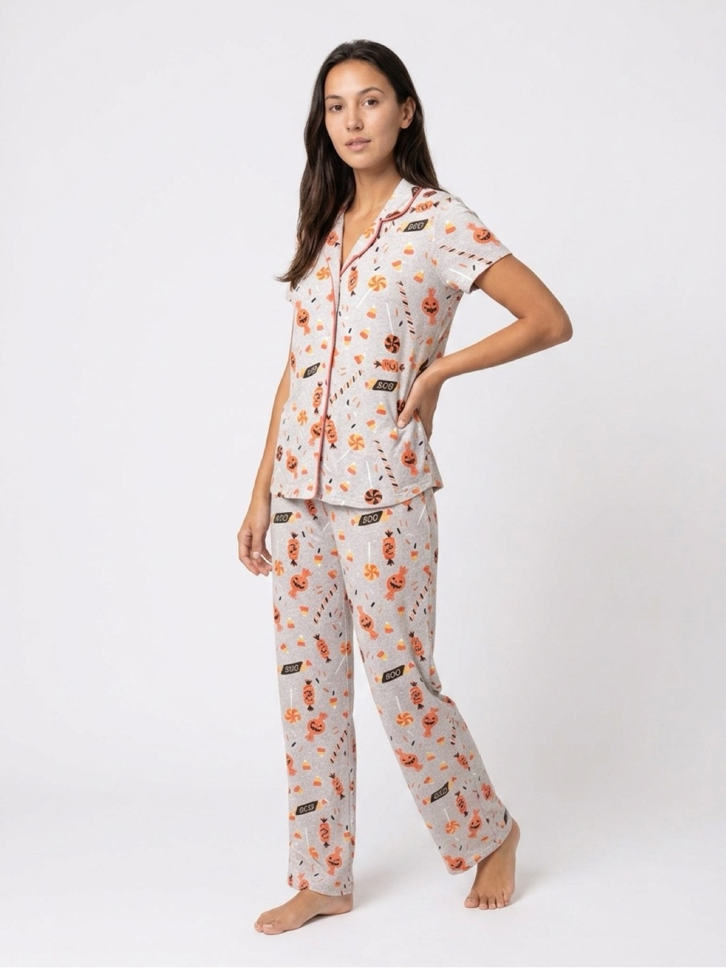 Munki Munki Gray And Orange Halloween Candy Pajama Set